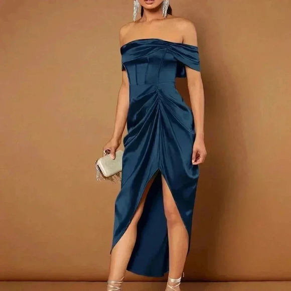 Blue Preppy Womens Off Shoulder Ruched Draped Asymmetrical Hem Dress - Picture 5 of 5